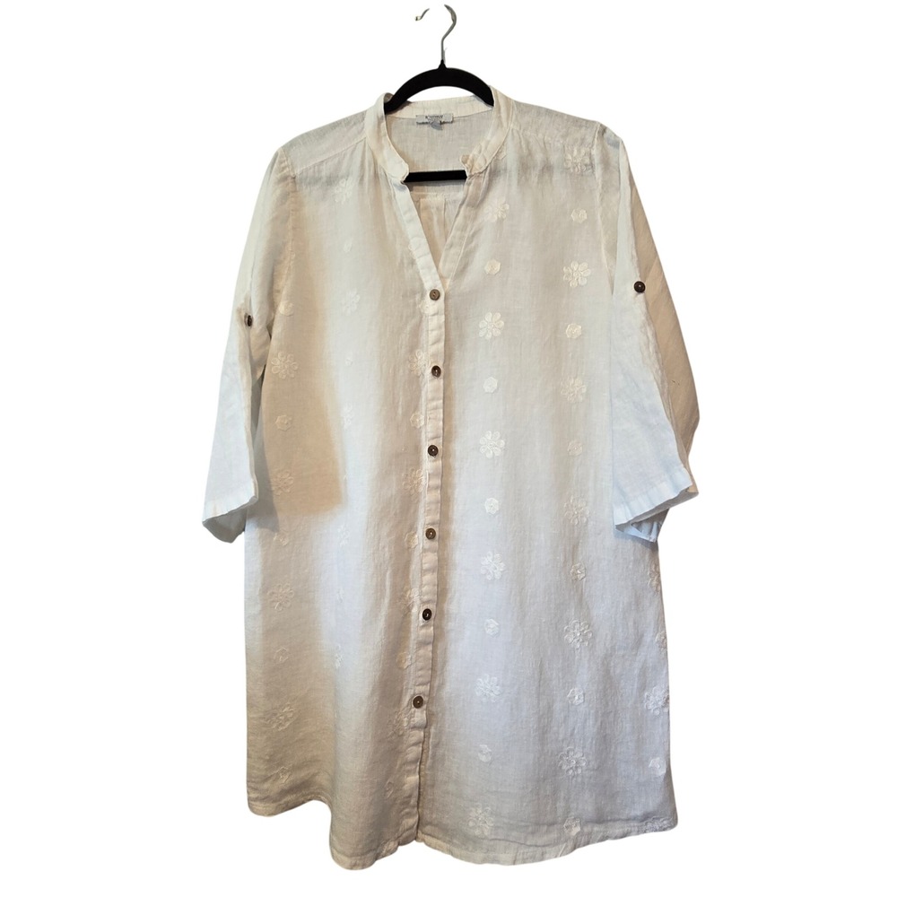 Rose Marine Long Tunic Top/Dress Women L White Linen? Floral Embroidery Roll Tab